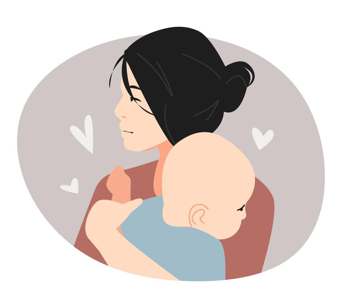 illustration av en mor kramas henne bebis. hjärta ikon. begrepp av familj, föräldrar. platt färgad vektor. vektor