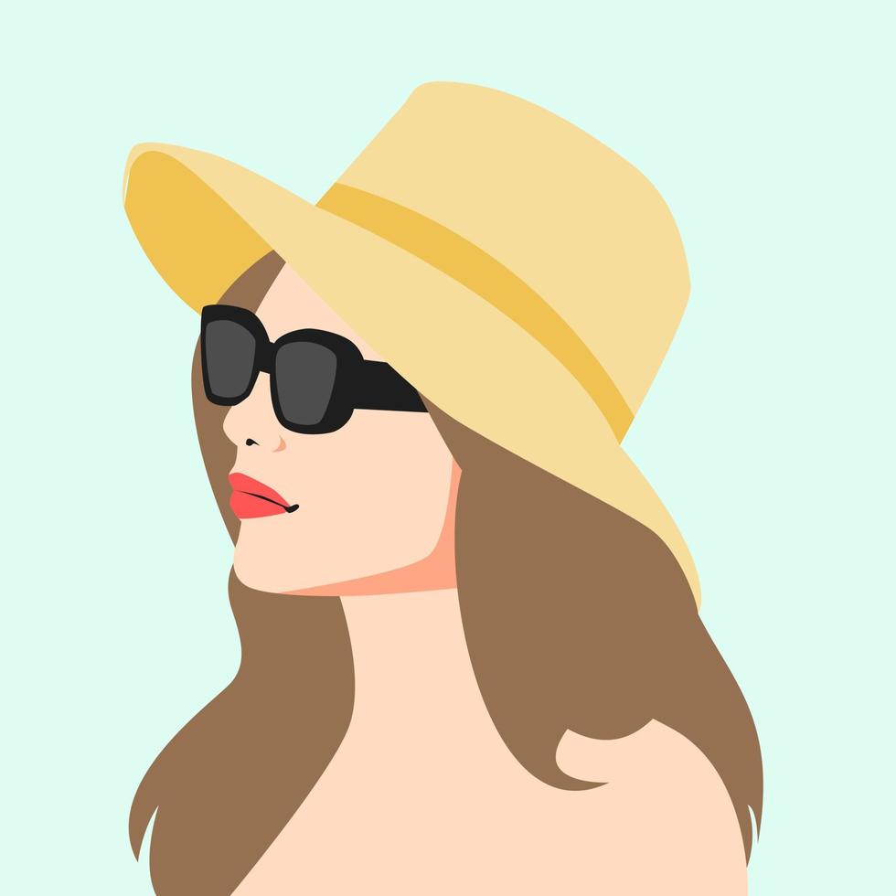 schönes Mädchengesichtsporträt. Frau mit Strandhut und Sonnenbrille. Seitenansicht. geeignet für Social-Media-Profil-Avatar, Druck, Aufkleber usw. Vektorillustration. vektor