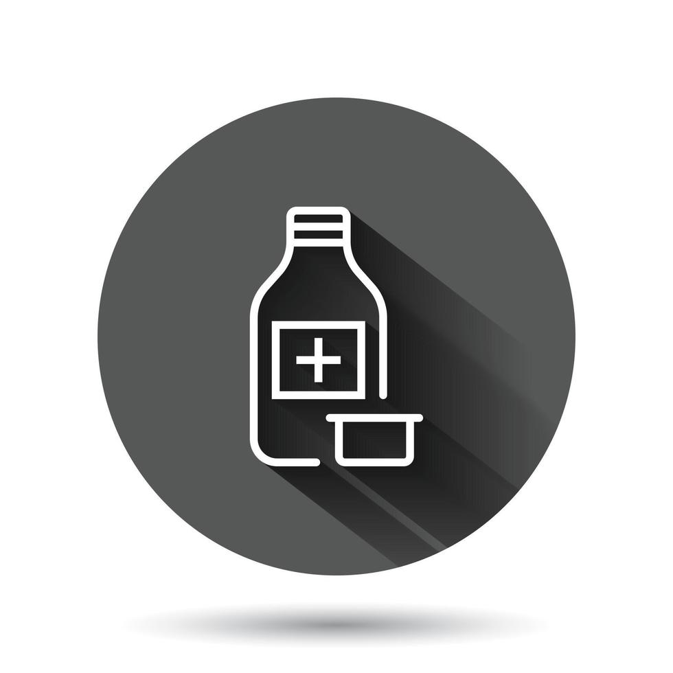 piller flaska ikon i platt stil. läkemedel vektor illustration på svart runda bakgrund med lång skugga effekt. apotek cirkel knapp företag begrepp.