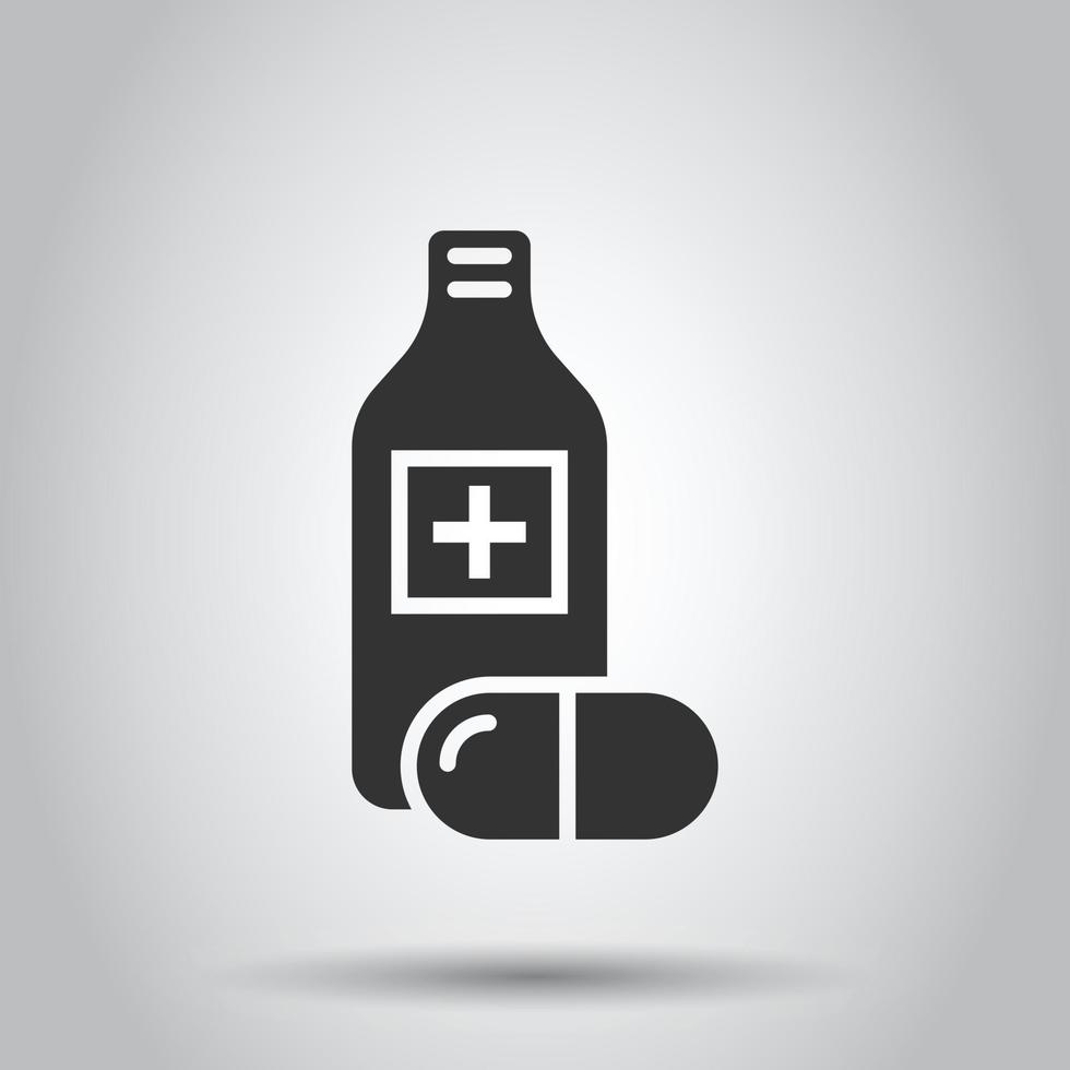 piller flaska ikon i platt stil. läkemedel vektor illustration på vit isolerat bakgrund. apotek företag begrepp.