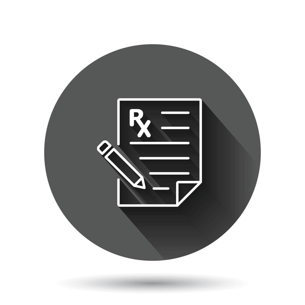 Rezept-Symbol im flachen Stil. rx-dokumentvektorillustration auf schwarzem rundem hintergrund mit langem schatteneffekt. Papier-Kreis-Schaltfläche Geschäftskonzept. vektor