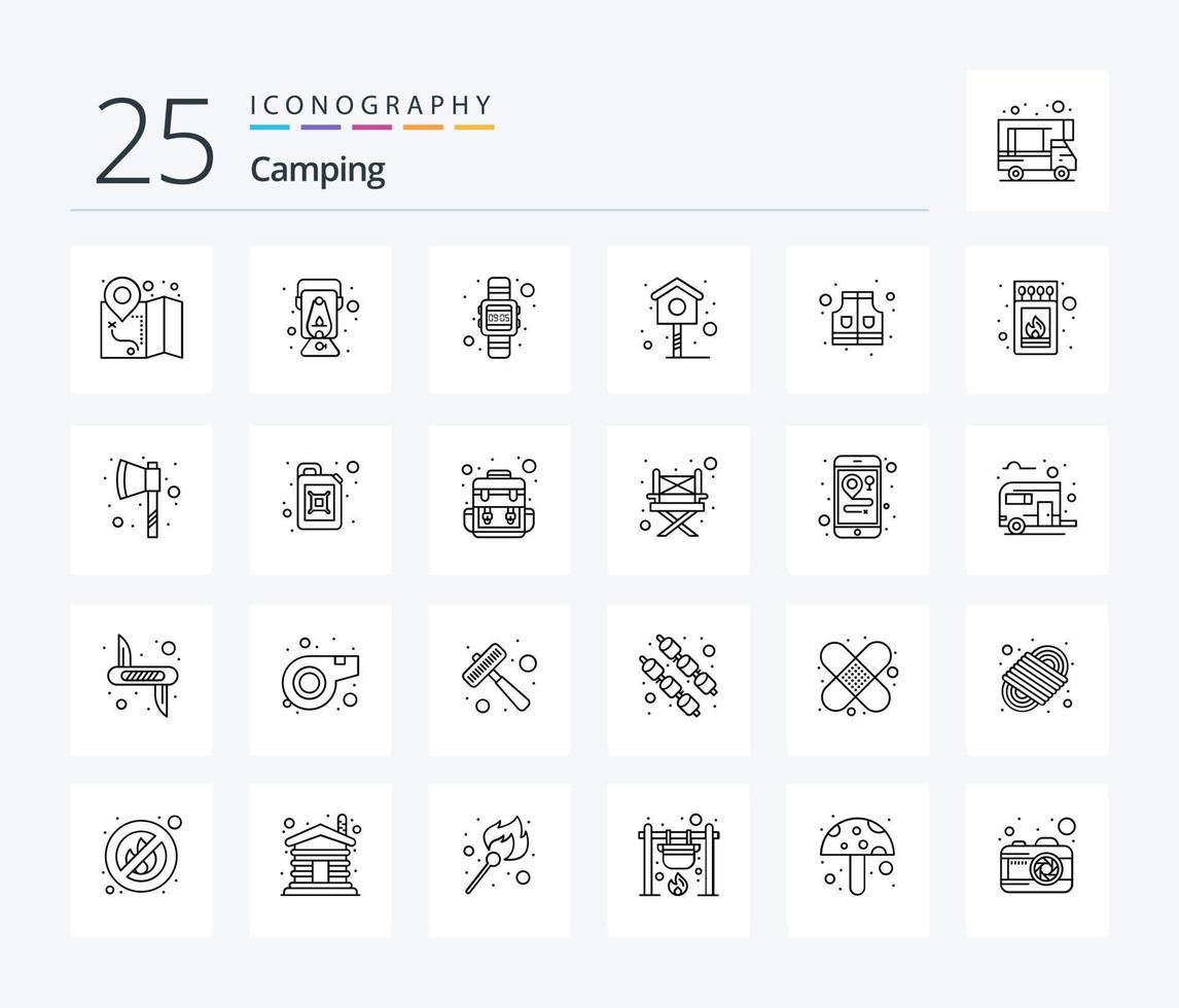 Camping Icon Pack mit 25 Zeilen inklusive Box. Leben. Zeit. Jacke. Haus vektor