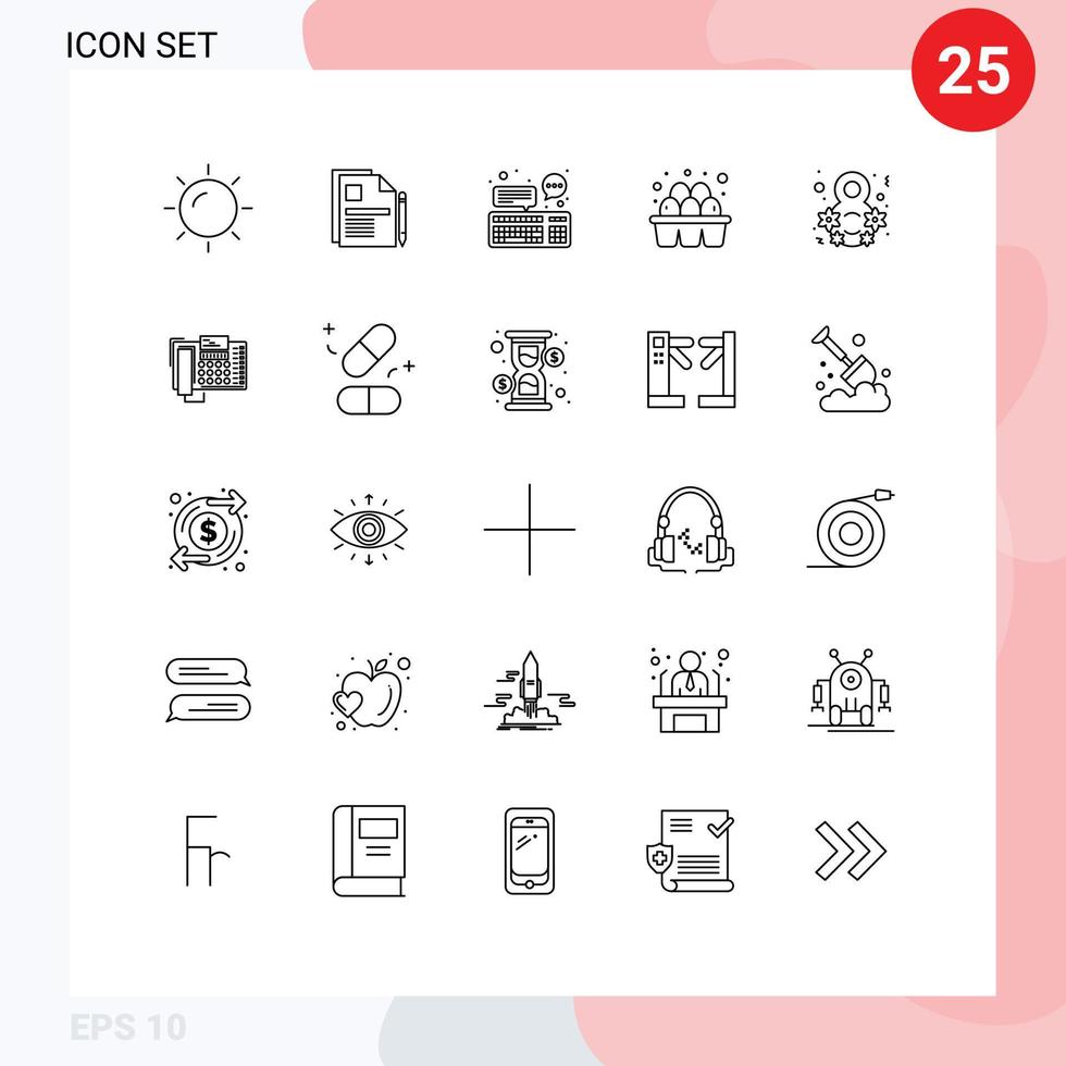 Aktienvektor-Icon-Pack mit 25 Zeilenzeichen und Symbolen für Tag-Essen-Chat-Eier-Kommunikation editierbare Vektordesign-Elemente vektor