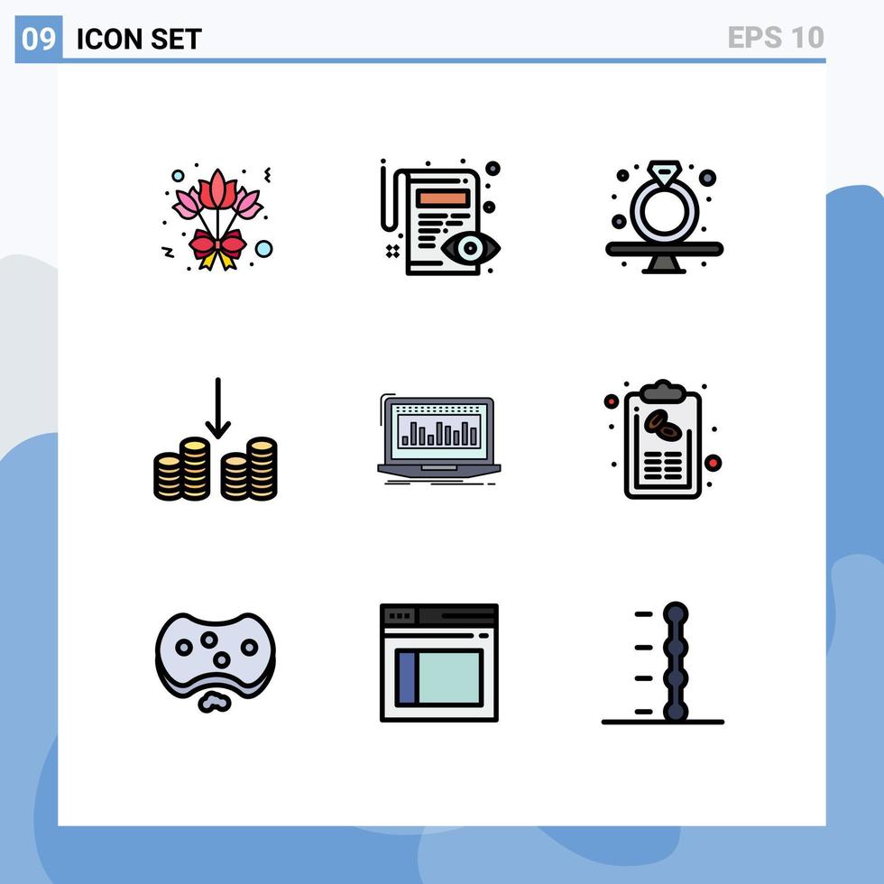 Gruppe von 9 gefüllten flachen Farben Zeichen und Symbolen für Indexdaten Diamant Geld Bargeld editierbare Vektordesign-Elemente vektor