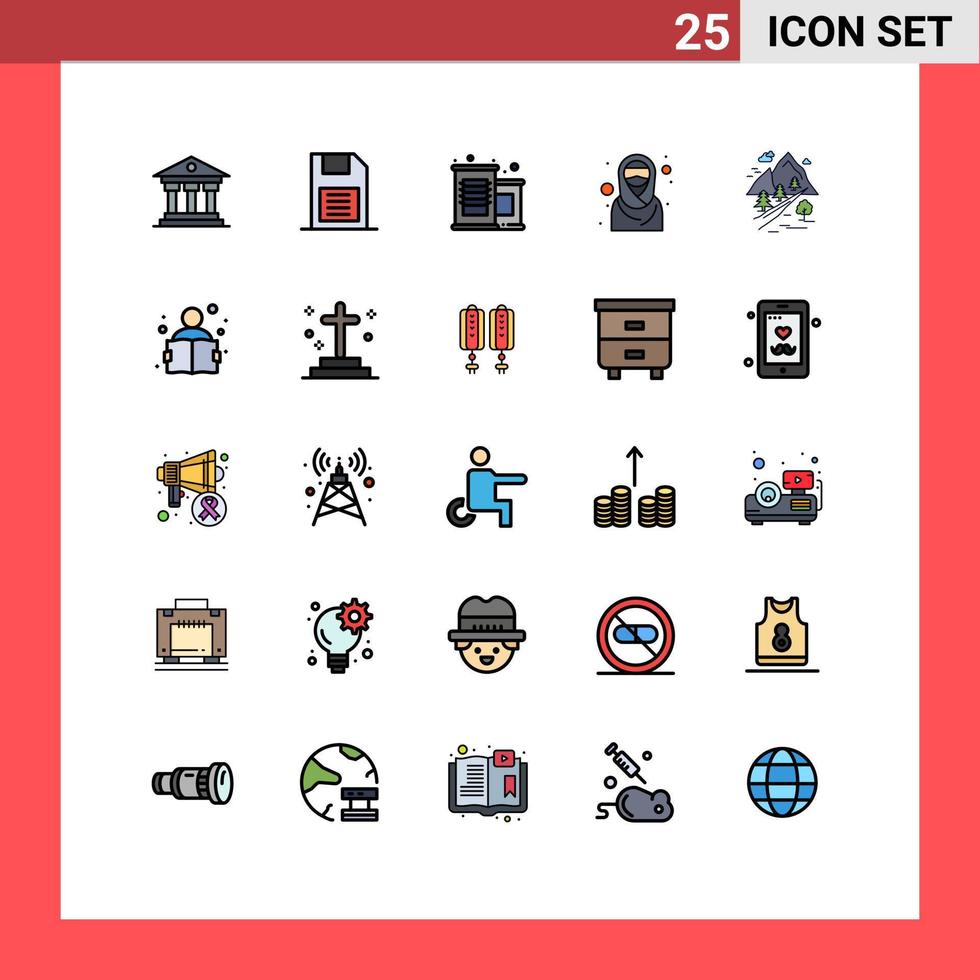 25 gefüllte Linien flaches Farbkonzept für mobile Websites und Apps Baum muslimisches Speichergerät islamisches Mädchen editierbare Vektordesign-Elemente vektor