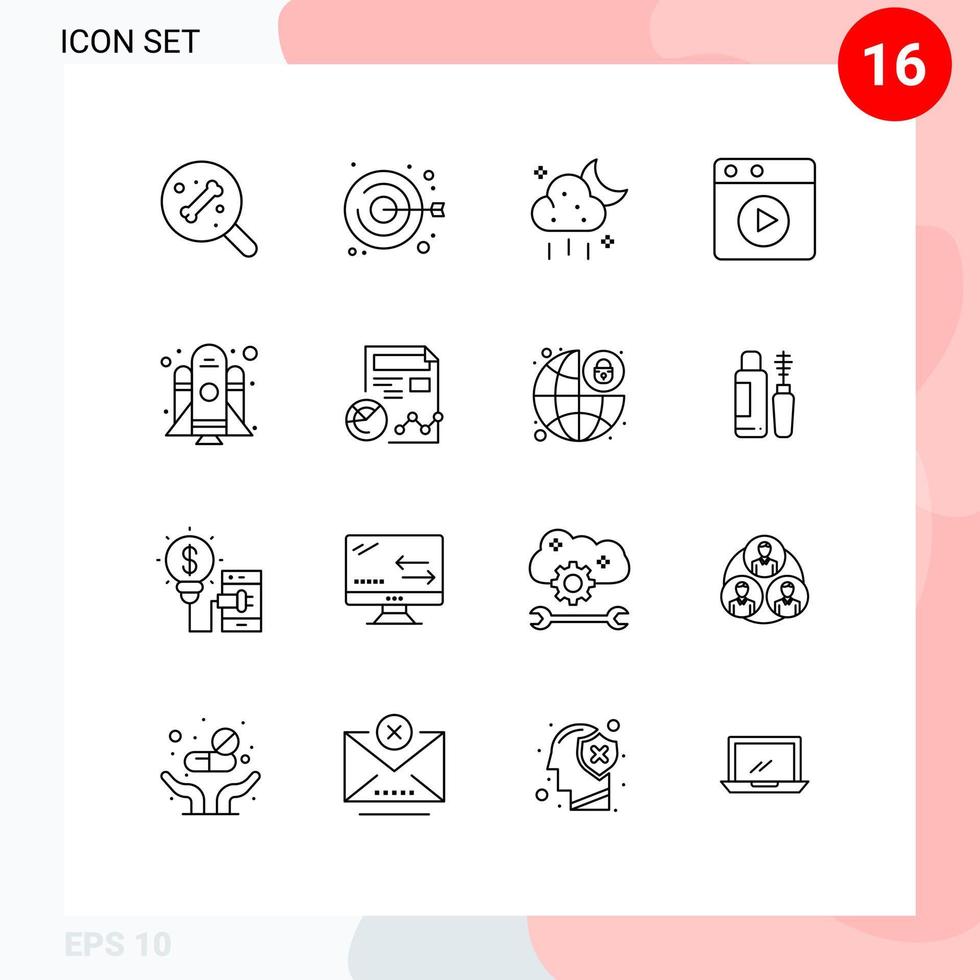 Stock Vector Icon Pack mit 16 Zeilen Zeichen und Symbolen für den Bericht Raumschiff Lagerung Raketenspiel editierbare Vektordesign-Elemente