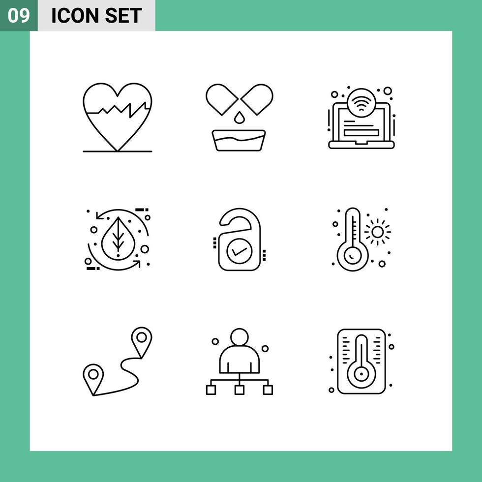 Stock Vector Icon Pack mit 9 Zeilen Zeichen und Symbolen für Hotel Tag Laptop Natur Umwelt editierbare Vektordesign-Elemente