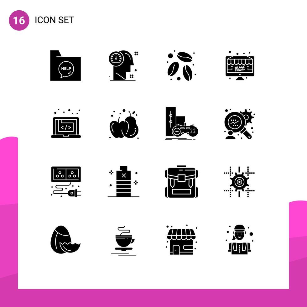 uppsättning av 16 vektor fast glyfer på rutnät för pc elektronisk mänsklig rabatt kaffe böna redigerbar vektor design element