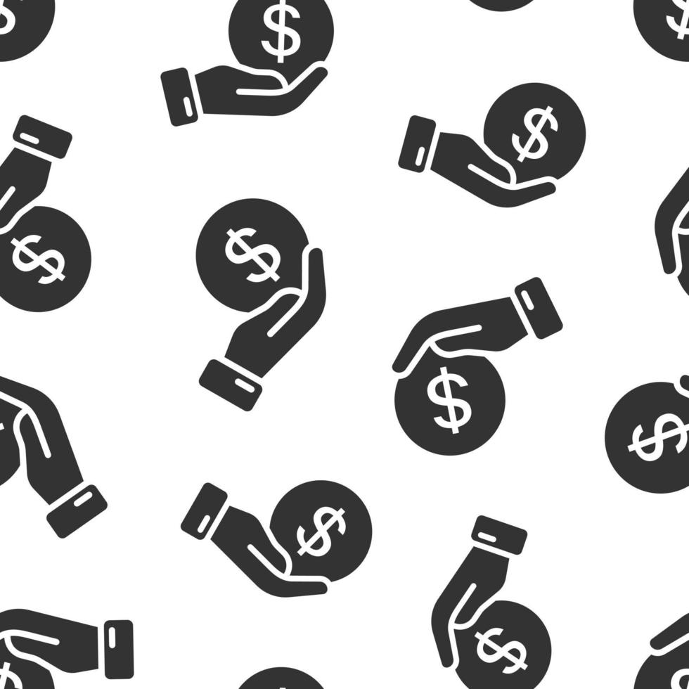 ersättning ikon i platt stil. pengar i hand vektor illustration på vit isolerat bakgrund. mynt löner sömlös mönster företag begrepp.