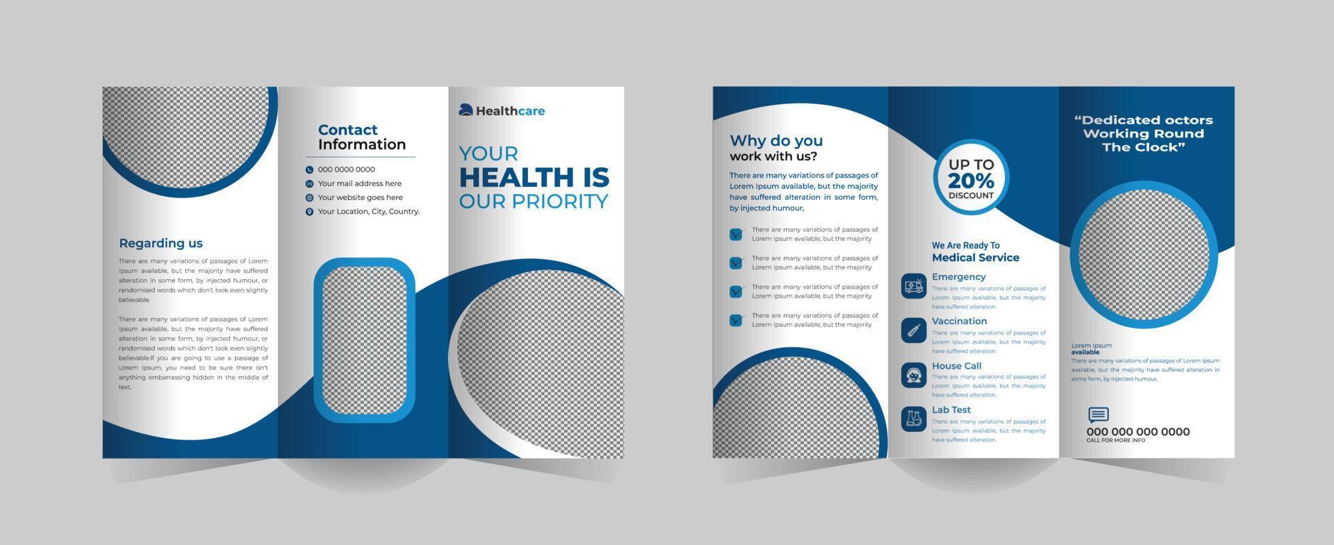 kreativ trifold broschyr mall för din sjukvård, medicinsk, klinik, och diagnostisk företag. tryckfärdig vektor fil eller medicinsk företag befordran broschyr mall