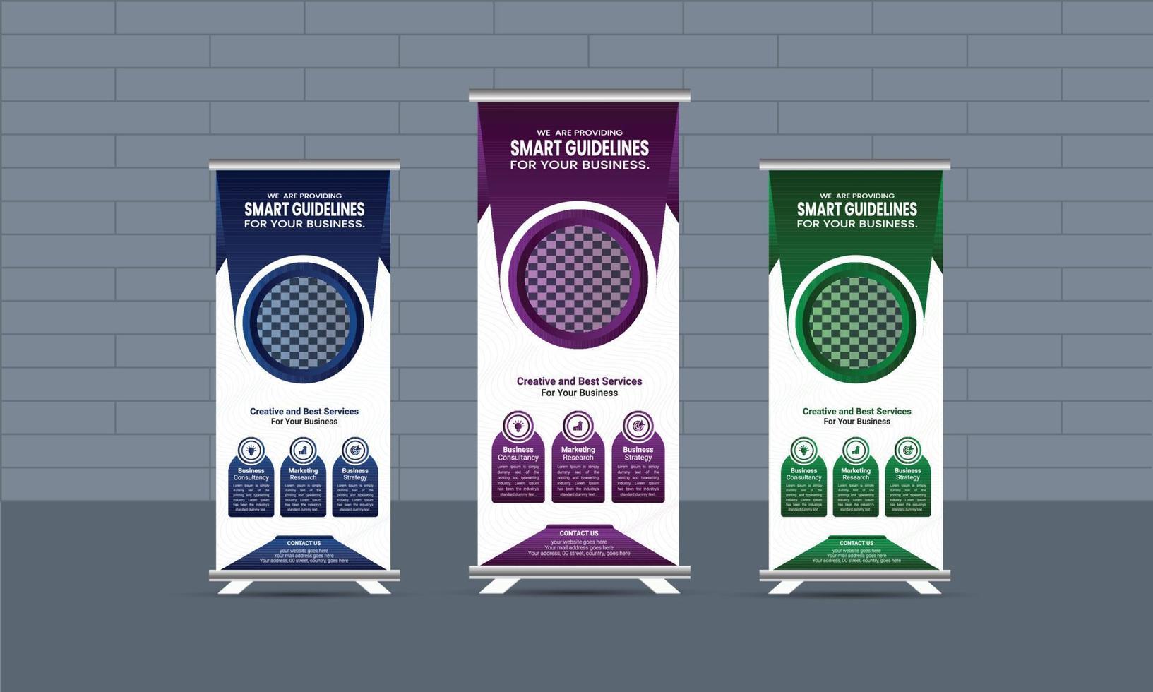 Rollup-Banner-Vorlage für Unternehmen, professioneller Rollup-Stand-Banner-Vorlagensatz, Vektorlayout, X-Stand, Ausstellungsdisplay, intelligentes Richtlinienkonzept, Standee-Design, Vektor-Rollup-Mockup vektor