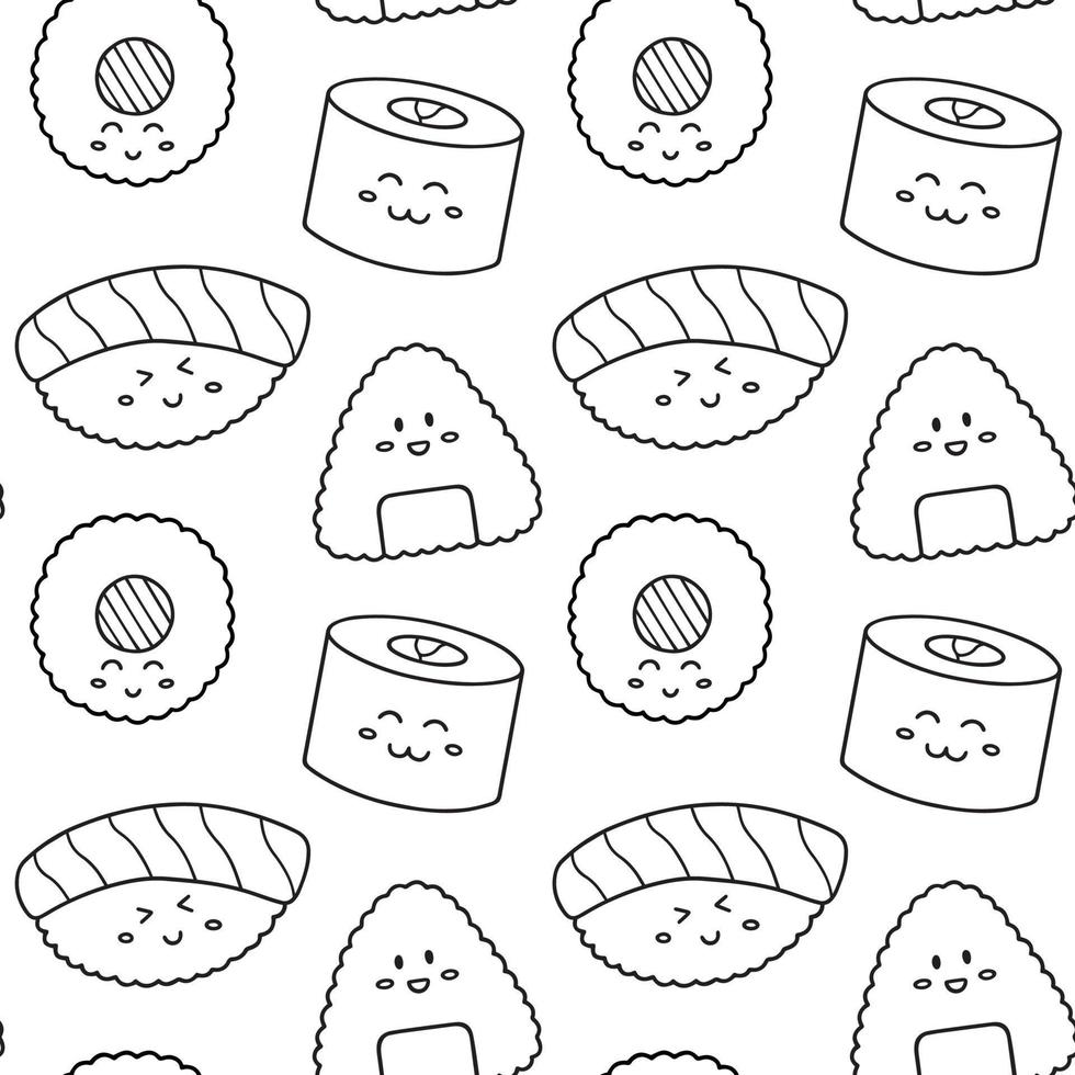 Nahtloses Muster aus süßem Sushi und Rollengekritzel. japanisches essen im skizzenstil. hand gezeichnete vektorillustration vektor