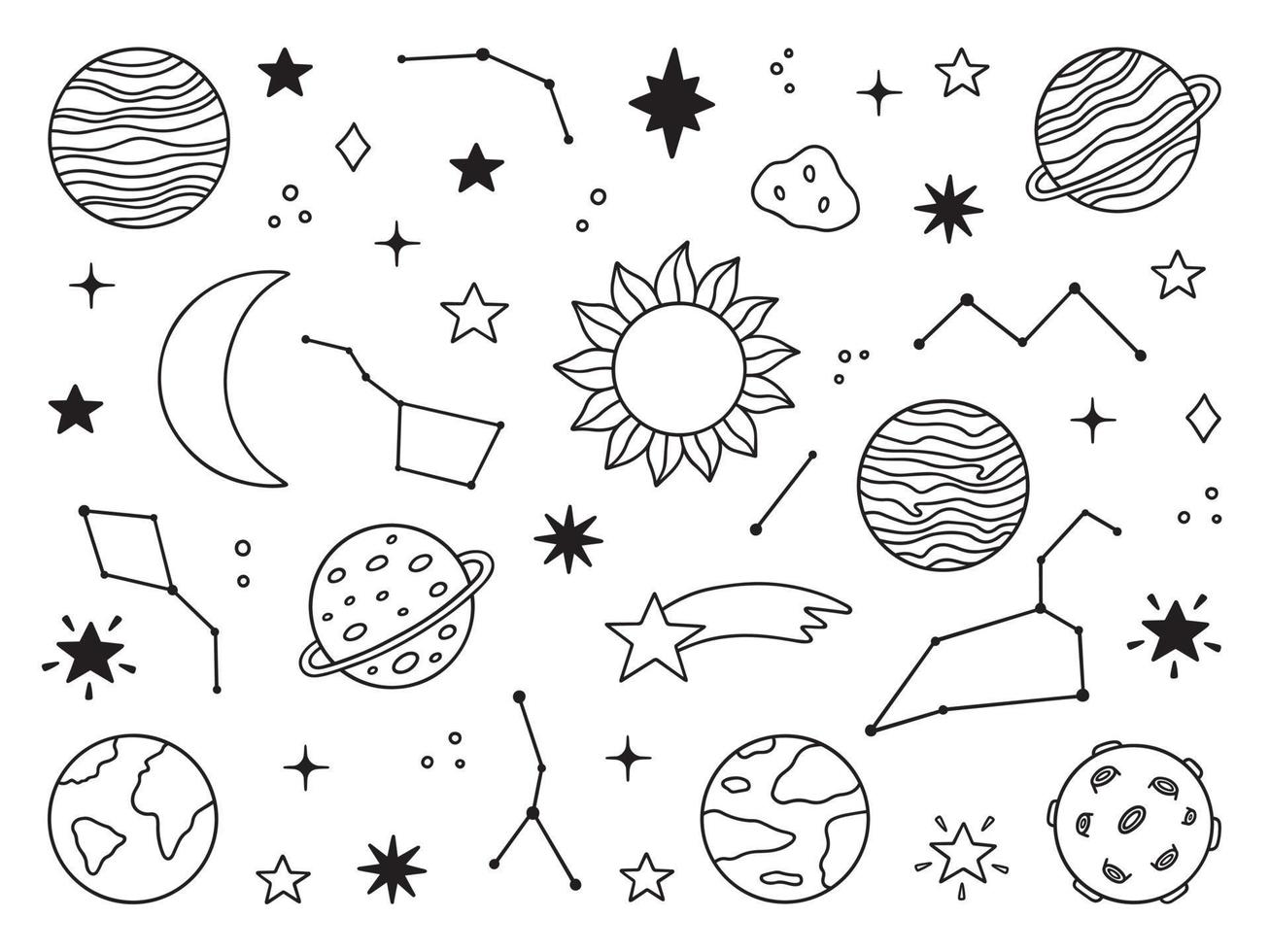 Plats klotter uppsättning. planeter, stjärnor, konstellationer, måne i skiss stil. sol- systemet. hand dragen vektor illustration isolerat på vit bakgrund