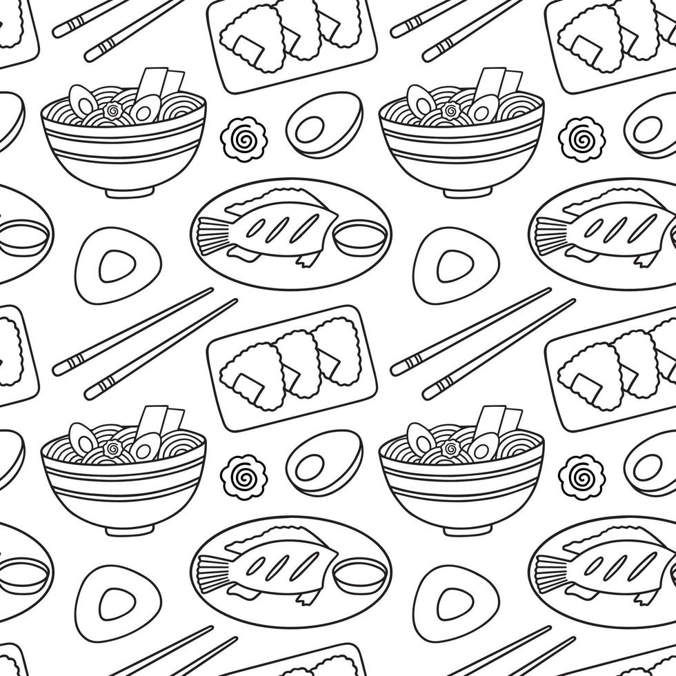 sömlös mönster av asiatisk mat klotter uppsättning. asiatisk kök i skiss stil. hand dragen vektor illustration