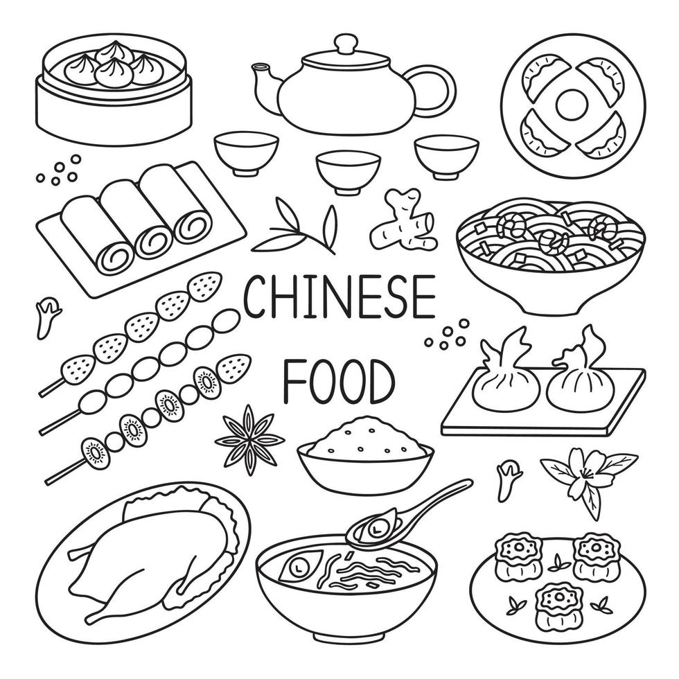 chinesisches Essen Doodle-Set. asiatische Küche. shumai, kandierte früchte, wontons, baozi im skizzenstil. hand gezeichnete vektorillustration lokalisiert auf weißem hintergrund vektor