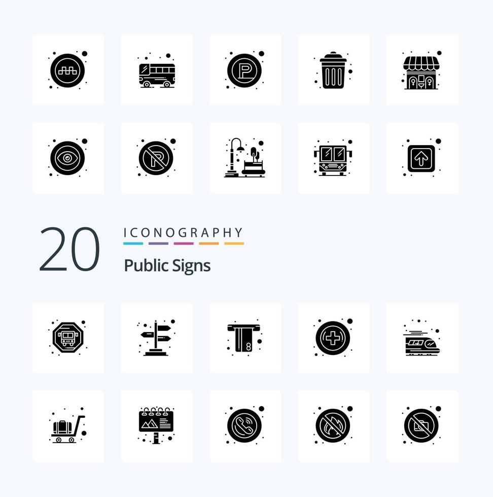 20 öffentliche Schilder Solid Glyph Icon Pack wie Trolley Airport Credit Transport Public vektor