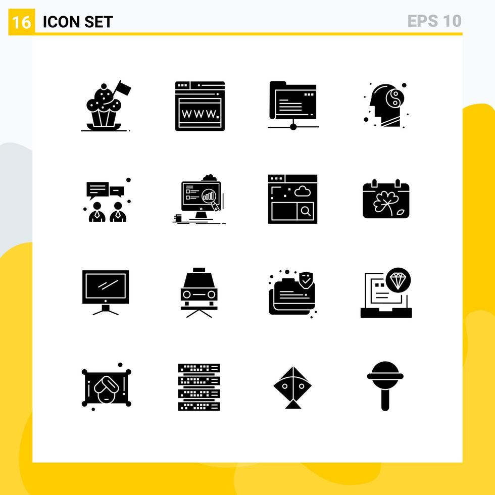 mobil gränssnitt fast glyf uppsättning av 16 piktogram av chatt sinne data koppla av balans redigerbar vektor design element