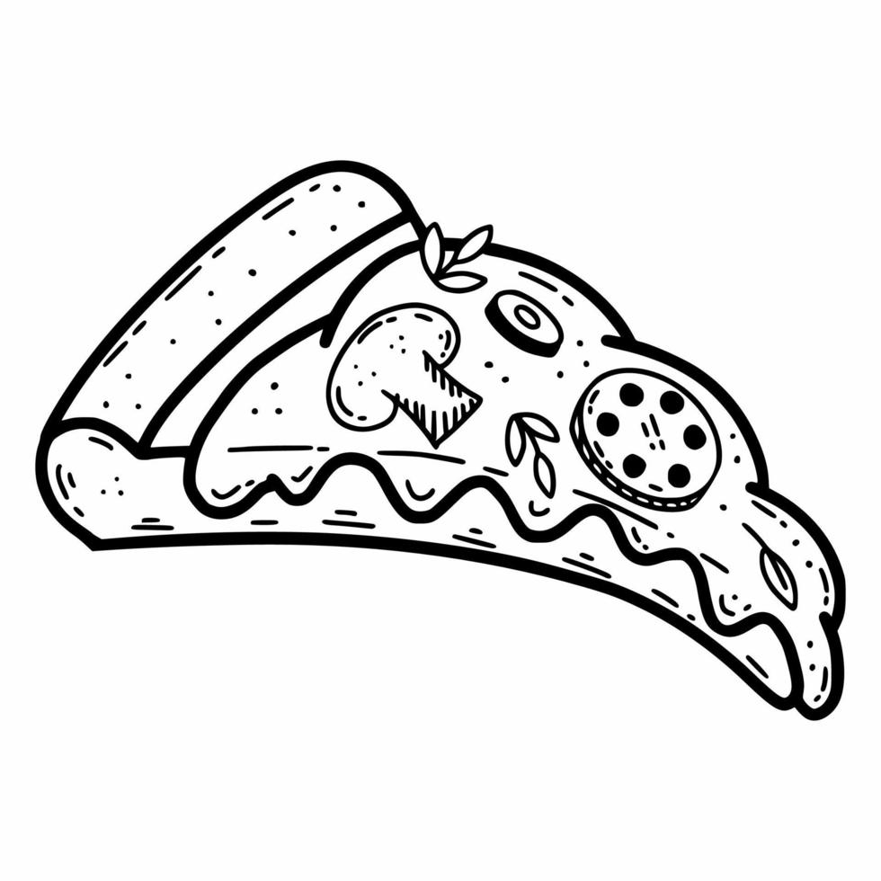 skiva av pizza. vektor illustration av doodles. ikon för restaurang meny. hand dragen skiss.