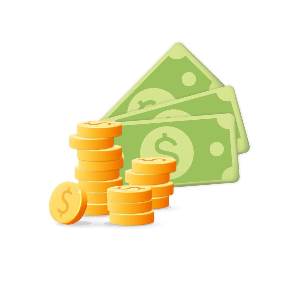 3D-Vektor-Stapel-Stapelmünzen und grüne Dollar-Banknoten-Geld-Icon-Banner-Design vektor