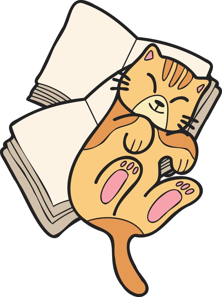 hand dragen randig katt liggande på stack av böcker illustration i klotter stil vektor