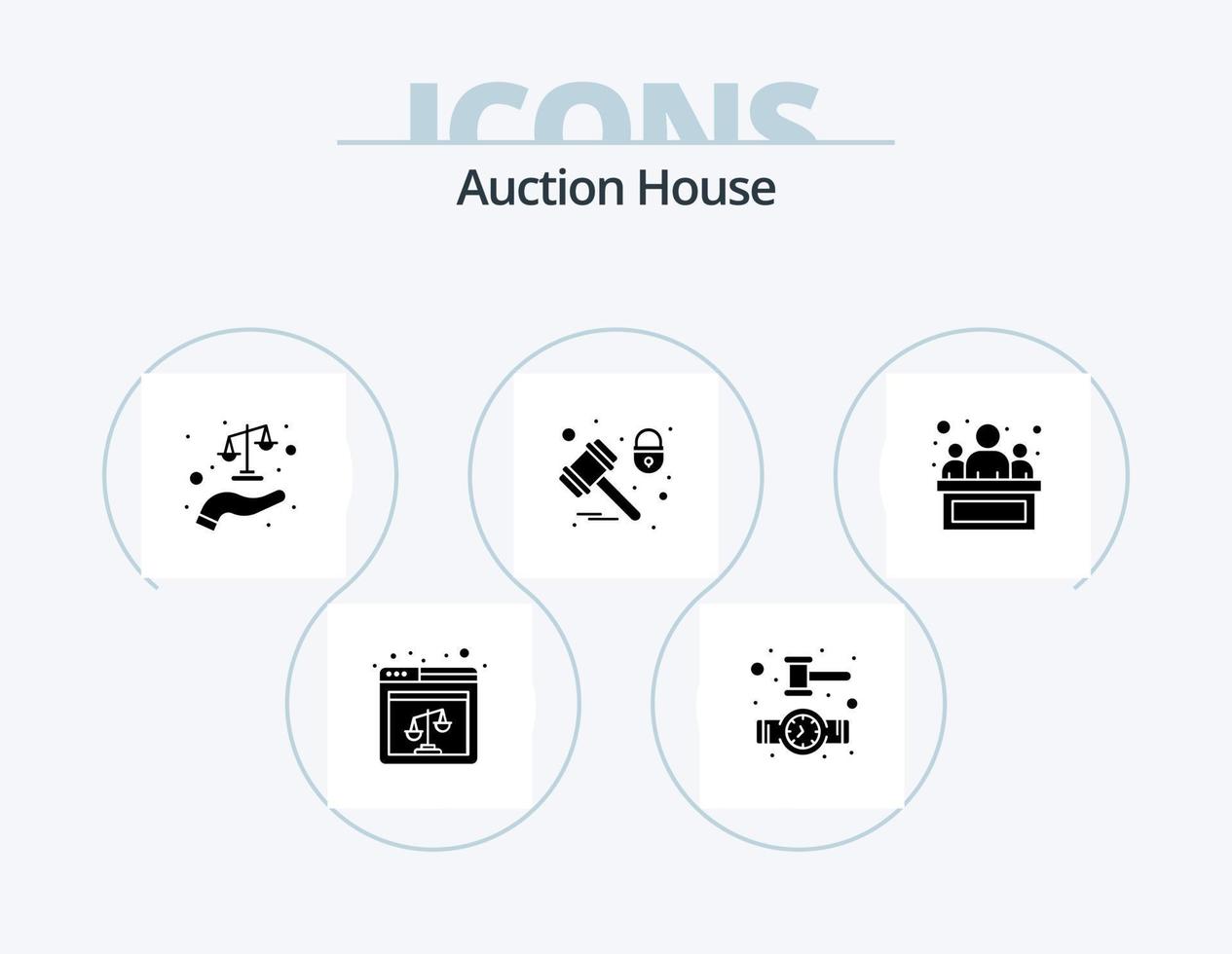 auktion glyf ikon packa 5 ikon design. skydd. låsa. domstol. lag. skalor vektor