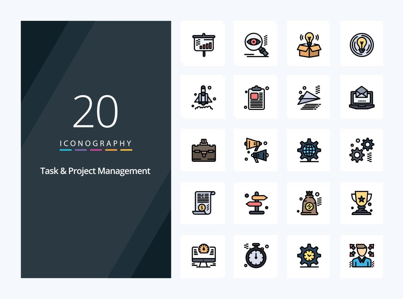 20 uppgift och projekt förvaltning linje fylld ikon för presentation vektor