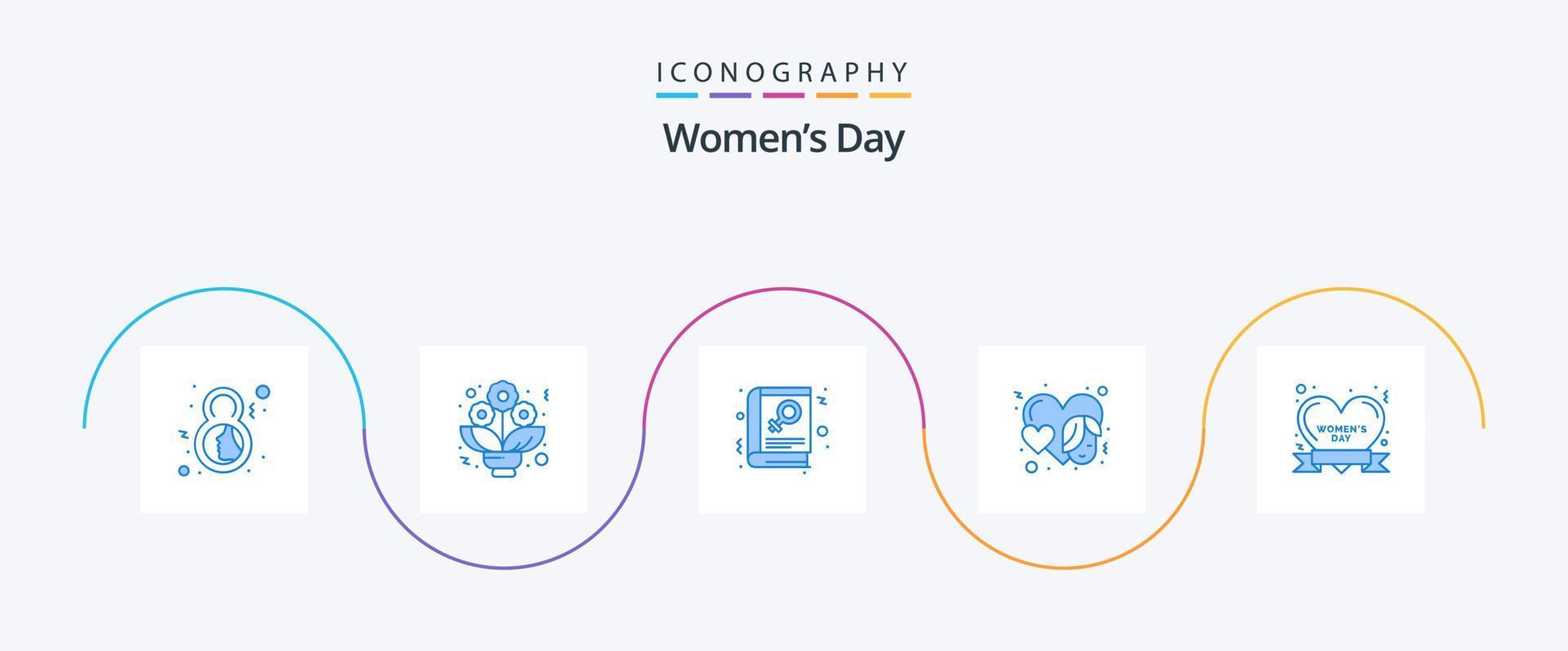 kvinnor dag blå 5 ikon packa Inklusive dag. ansikte. bok. händelse. hjärta vektor