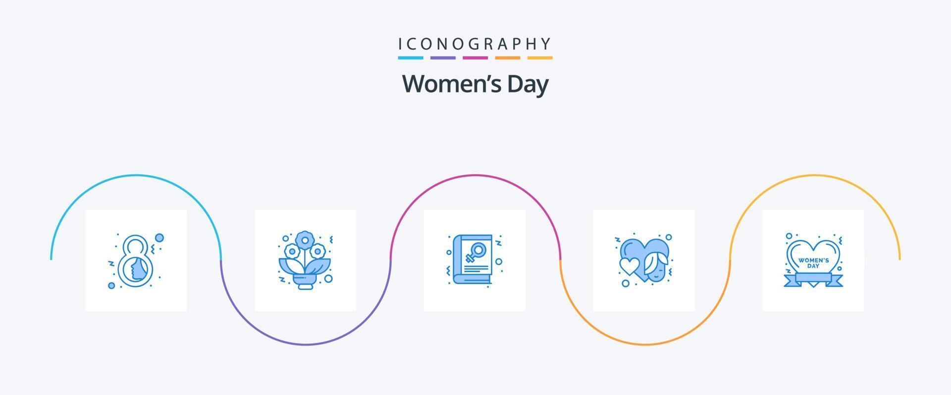 Womens Day Blue 5 Icon Pack inklusive Tag. Gesicht. Buchen. Veranstaltung. Herz vektor