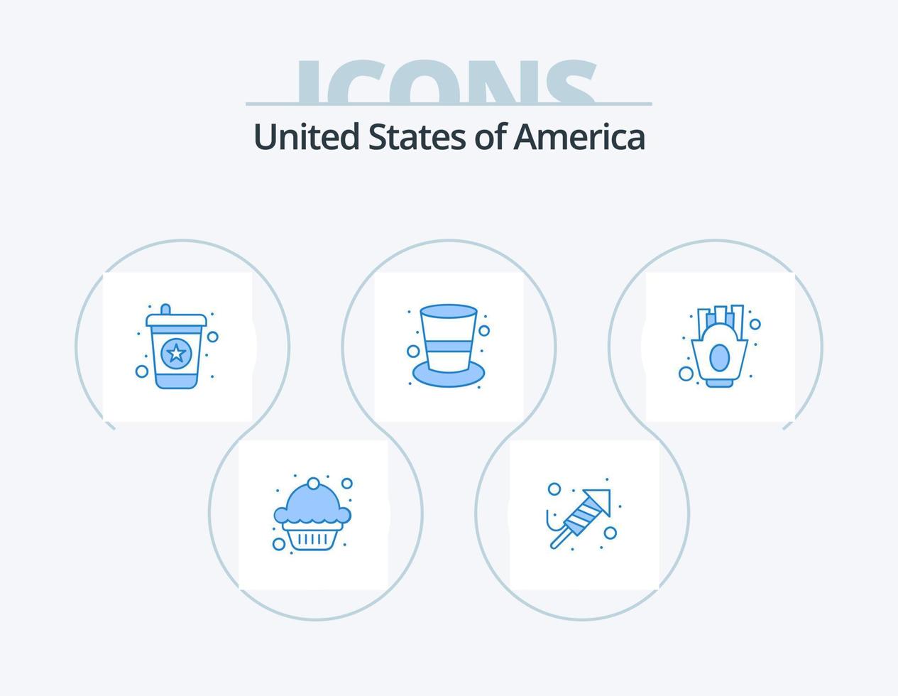 USA-Blau-Icon-Pack 5-Icon-Design. Lebensmittel. Pommes frittes. Getränk. Chips. Hut vektor