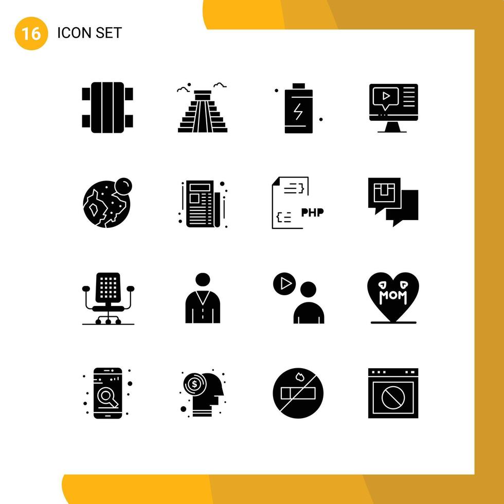 16 universelle solide Glyphenzeichen Symbole der Erde Videobatterie spielen energiebearbeitbare Vektordesign-Elemente vektor