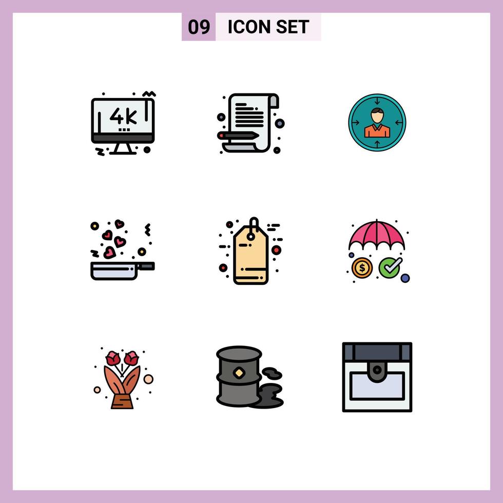 mobil gränssnitt fylld linje platt Färg uppsättning av 9 piktogram av kärlek matlagning mål återuppta personlig redigerbar vektor design element