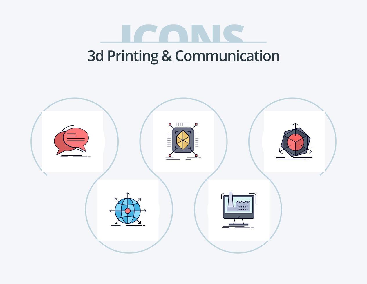 3D-Druck und Kommunikationsleitung gefüllt Icon Pack 5 Icon Design. elektronisch. Digital. Rede. Kasten. Würfel vektor