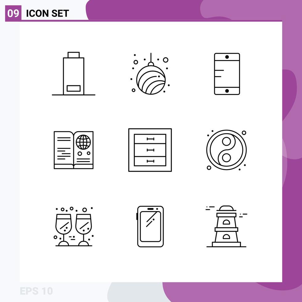 Stock Vector Icon Pack mit 9 Zeilenzeichen und Symbolen für Schränke internationale mobile Reise-ID editierbare Vektordesign-Elemente