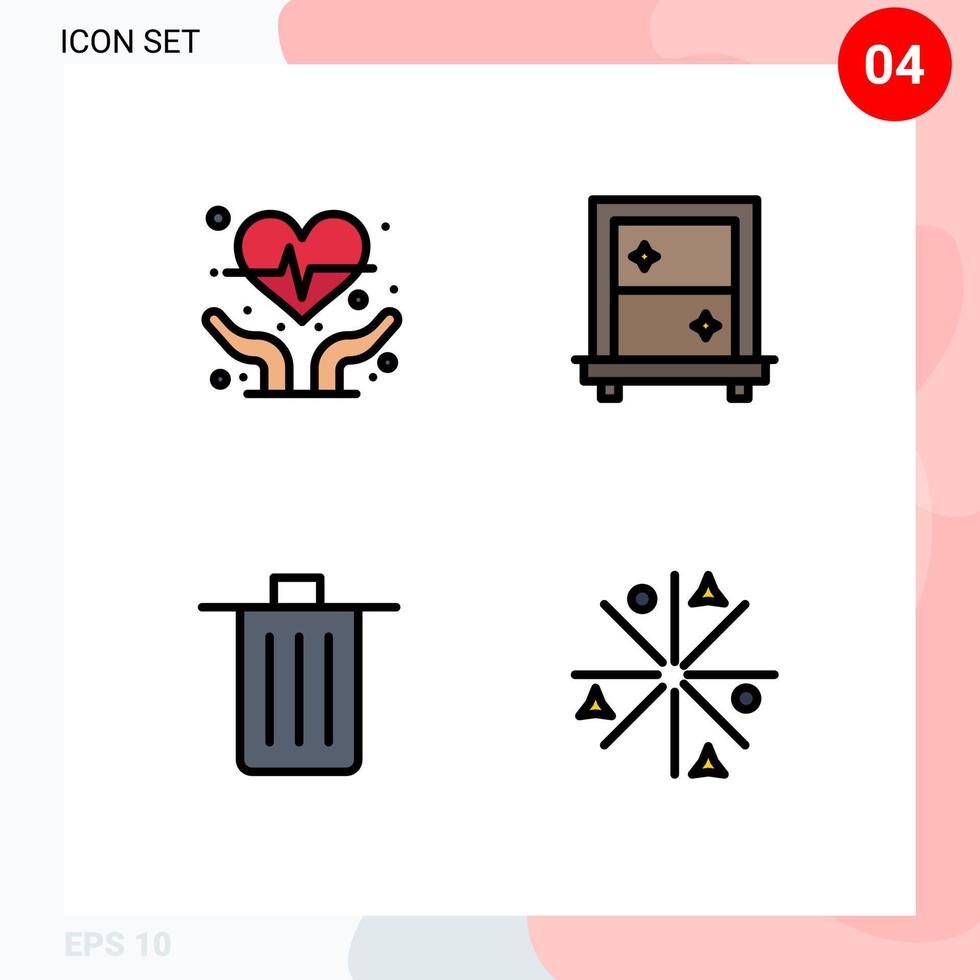 Satz von 4 Vektor-Filledline-Flachfarben auf Raster für Kardiogramm-Müllfenster-Korbleistung editierbare Vektordesign-Elemente vektor
