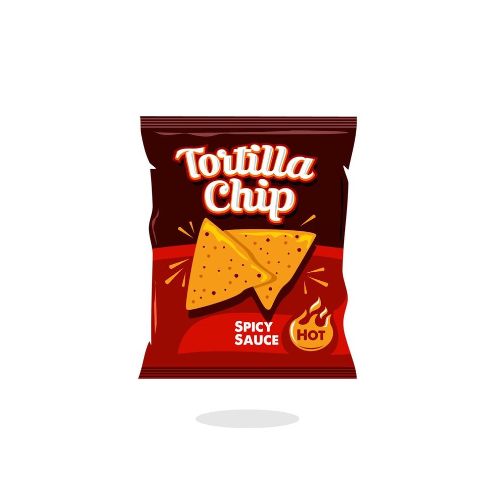 würzige heiße Snack-Tortilla-Chips Tasche Kunststoffverpackungsdesign Illustrationssymbol für Lebensmittel- und Getränkeunternehmen, Kartoffel-Snack-Branding-Element-Logo-Vektor. vektor