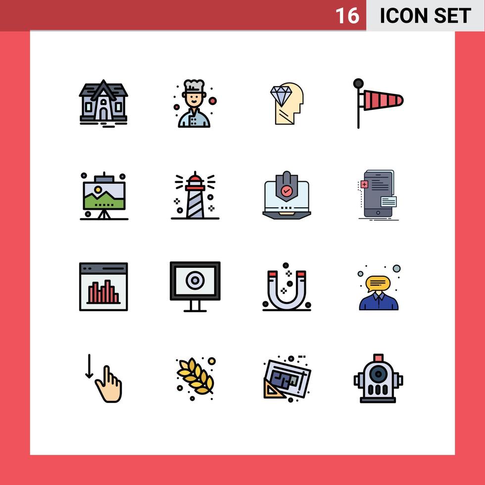 Packung mit 16 modernen, flachen, farbgefüllten Linien, Zeichen und Symbolen für Web-Printmedien wie z vektor