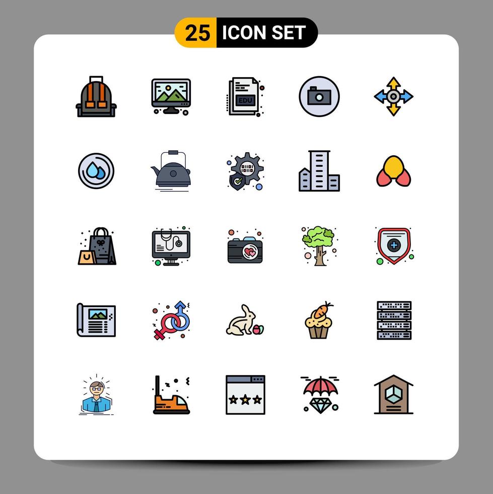 Piktogrammsatz von 25 einfachen gefüllten flachen Farben der Karte Multimedia-Buch Media Player Kamera editierbare Vektordesign-Elemente vektor
