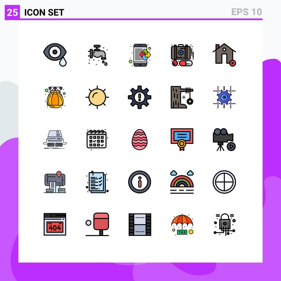 grupp av 25 modern fylld linje platt färger uppsättning för medicin nödsituation VVS fall mobil redigerbar vektor design element