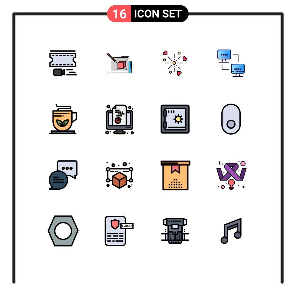 Gruppe von 16 flachen, farbgefüllten Linien Zeichen und Symbole für Cup-Computing-Bleistift-Netzwerk lieben editierbare kreative Vektordesign-Elemente vektor