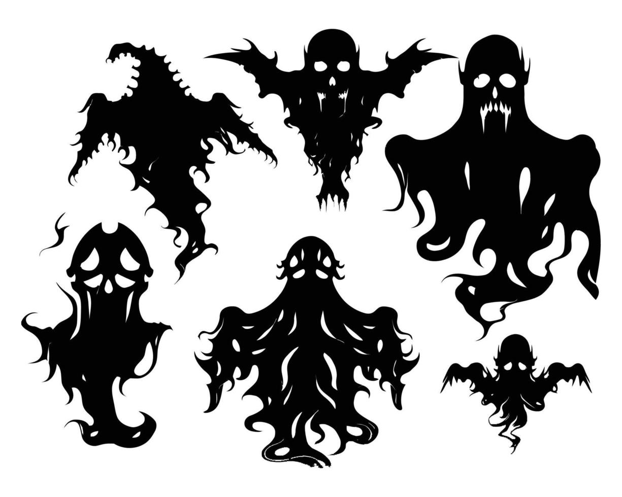 Halloween-Silhouette des bösen Geistes. gruselige Alptraum-Geisterfiguren, gruselige Phantom-Dämonen-Maskottchen-Set. zerrissene Kleidung Geistersilhouetten vektor