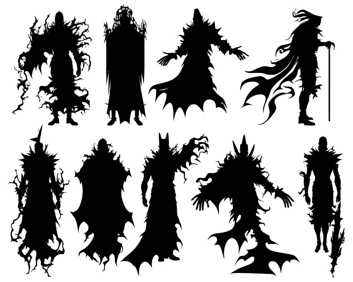 Halloween-Silhouette des bösen Geistes. gruselige Alptraum-Geisterfiguren, gruselige Phantom-Dämonen-Maskottchen-Set. zerrissene Kleidung Geistersilhouetten vektor