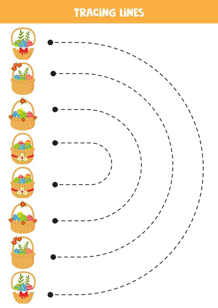 Verfolgen von Linien für Kinder. Cartoon-Osterkörbe. vektor