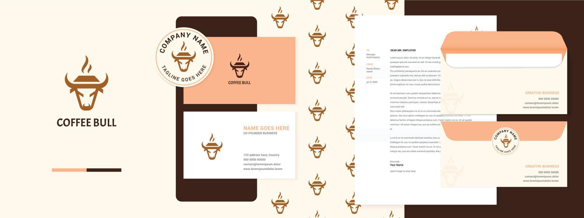 kaffe eller te kopp logotyp design med tjur ansikte, branding design med företag kort, brevpapper, mönster, kuvert, klistermärke vektor