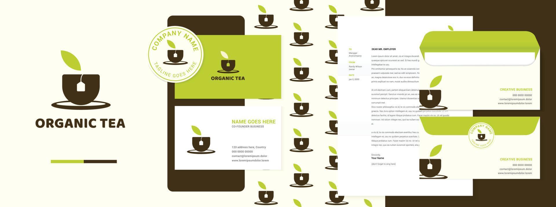 Bio-Teetasse oder Kaffee-Logo mit Teeblatt und Branding-Design mit Visitenkarte, Briefkopf, Muster, Umschlag, Aufkleber vektor
