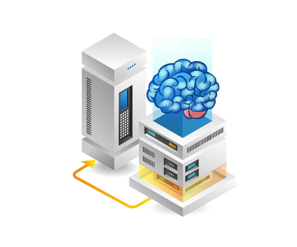 isometrische illustration des flachen konzepts 3d des serverdatengehirns der künstlichen intelligenz vektor