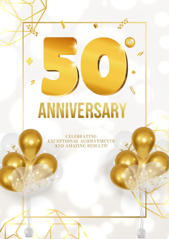 firande av årsdag eller födelsedag affisch med gyllene datum och ballonger 50 vektor