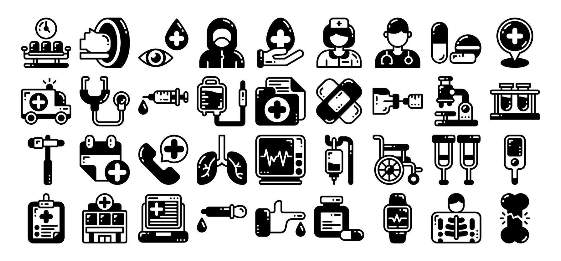 Symbolsatz für Medizin und Gesundheit. vektorillustration im soliden stil vektor