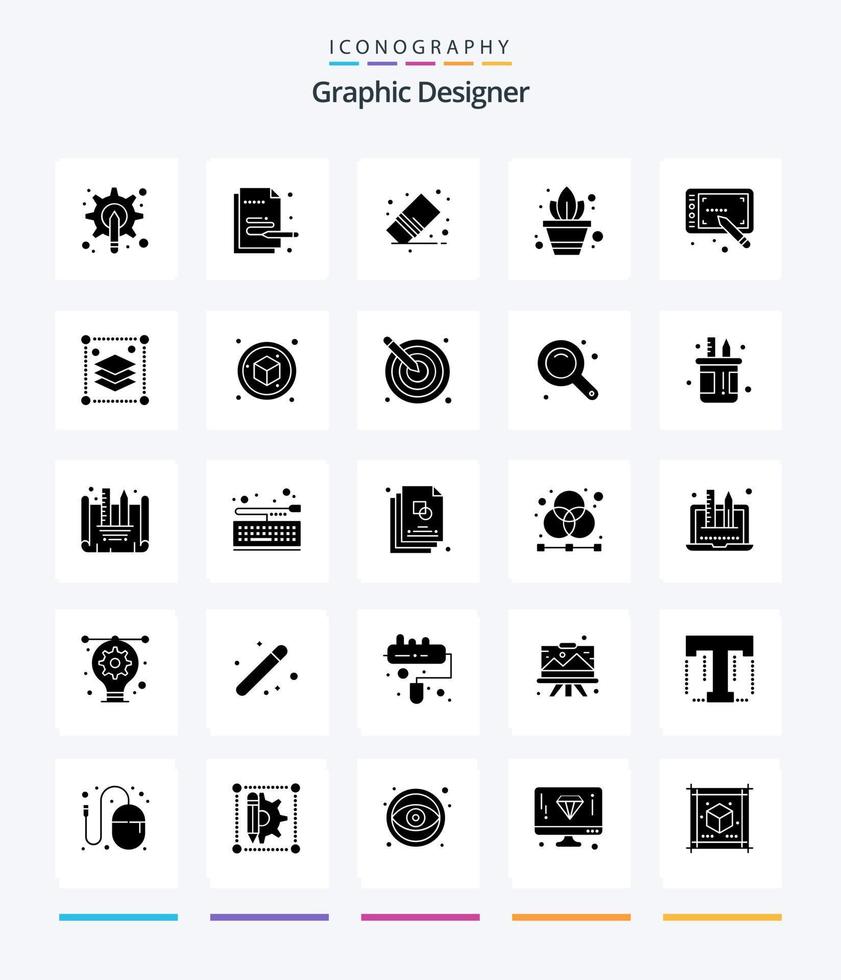 kreativ grafisk designer 25 glyf fast svart ikon packa sådan som design. växt. penna. trädgårdsarbete. sudd vektor