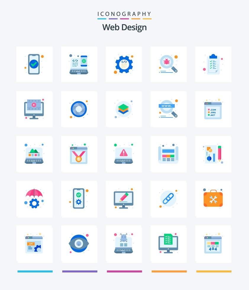 kreatives Webdesign 25 flaches Symbolpaket wie Häkchen. Suche. Web-Design. Scan. Programmierung vektor