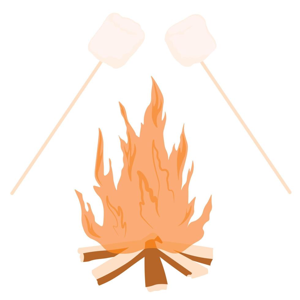 Marshmallow auf Feuervektor Stock Illustration. Nachtfahrt, Ruhe. heiße Marmelade auf dem Feuer. realistisch. Poster. Treffen mit Freunden in der Natur. vektor